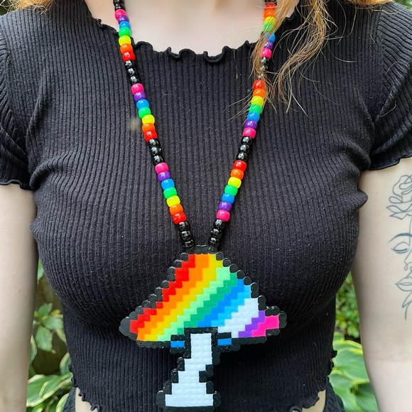 Rainbow Mushroom Perler Necklace - Picture 2 of 2